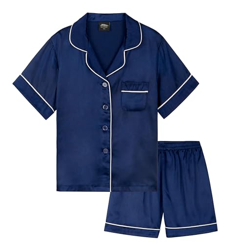 CityComfort Silk Pyjama Set für Mädchen, Kurze Schlafanzughose & Kurzärmliges Oberteil mit Kragen & Knopfleiste - Geschenke für Mädchen (Dunkelblau, 15-16 Jahre) von CityComfort