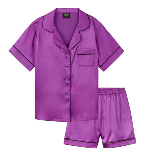 CityComfort Silk Pyjama Set für Mädchen, Kurze Schlafanzughose & Kurzärmliges Oberteil mit Kragen & Knopfleiste - Geschenke für Mädchen (Violett, 15-16 Jahre) von CityComfort