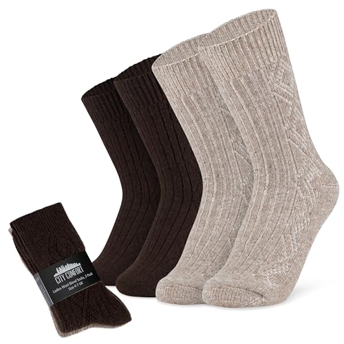 CityComfort Socken Damen im 5er oder 2er Pack - Weiche Kuschelsocken, Warme Wollsocken für Frauen und Teenager für den Winter (Beige/Braun, 41-44 EU, 2er Pack) von CityComfort