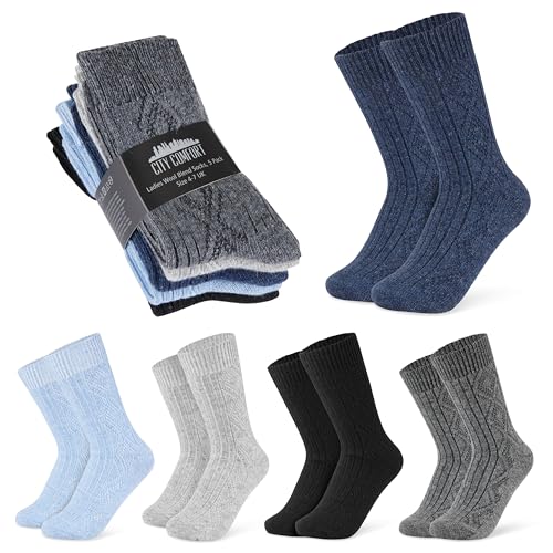 CityComfort Socken Damen im 5er oder 2er Pack - Weiche Kuschelsocken, Warme Wollsocken für Frauen und Teenager für den Winter (Blau/Grau, 37-40 EU, 5er Pack) von CityComfort