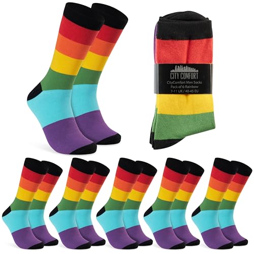 CityComfort Socken Herren, Atmungsaktive Crew Socken im Multipack (Multi Regenbogen-6er-Pack) von CityComfort
