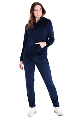 CityComfort Trainingsanzug Damen Velour Jogginganzug Set Bequem Lounge Set Damen Teenagers mit Hoodie mit Reißverschluss und Jogginghose (XL, Dunkelblau) von CityComfort