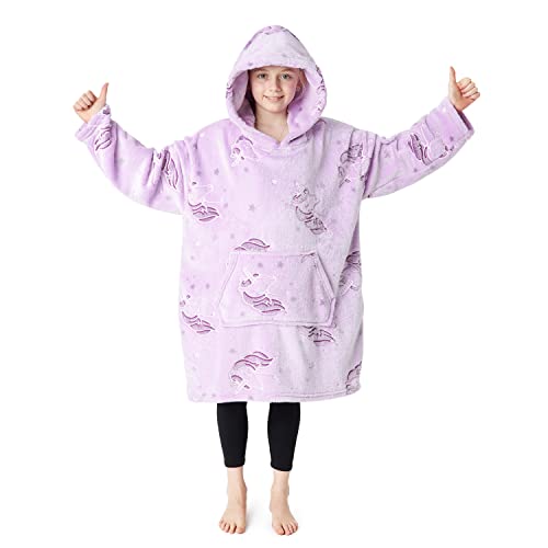 CityComfort Übergroße Hoodie Decke Kinder Fleece Oversize Kapuzenpullover Mädchen Teenager mit Sherpa-Futter und Kängurutasche Geschenk Ideen (Lila Einhorn) von CityComfort