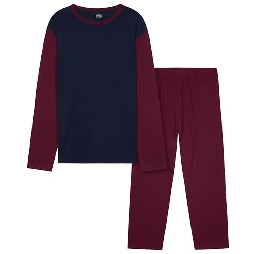 CityComfort Warme Schlafanzug Herren Lang, 2-Teiliges Pyjama Set - Geschenke für Herren Teenager (Burgund/Marineblau, 3XL) von CityComfort