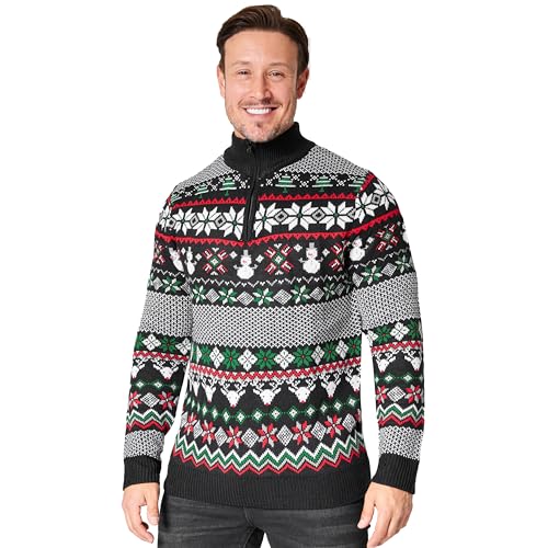 CityComfort Weihnachtspullover Herren Erwachsene Christmas Sweater Warme Strickpullover Herren mit Halbreißverschluss M-2XL - Geschenk für Männer (Schwarz/Rot, 2XL) von CityComfort