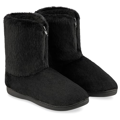 CityComfort Winter Hausschuhe Damen Mit Rutschfester Sohle - Reißverschluss, Größe 36-41, 100% Polyester - Flauschige Hausschuhe Damen (Schwarz, 36 EU) von CityComfort