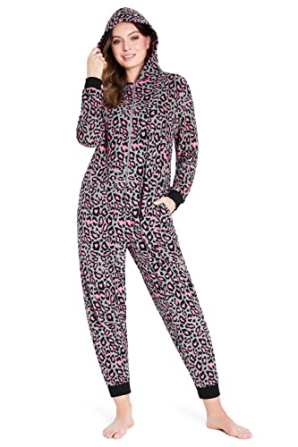 CityComfort Jumpsuit Damen Kuschelig Fleece Einteiler Schlafanzug Onesie Damen S-XL (Rosa Leopard, XL) von CityComfort