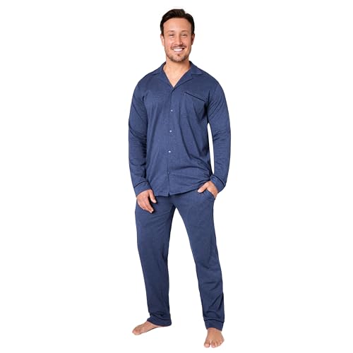 Schlafanzug Herren Lang Baumwolle Pyjama Herren mit Knopfleiste Lounge Set M - 3XL - Geschenke für Männer (Blau, L) von CityComfort