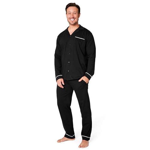 Schlafanzug Herren Lang Baumwolle Pyjama Herren mit Knopfleiste Lounge Set M - 3XL - Geschenke für Männer (Schwarz, 3XL) von CityComfort