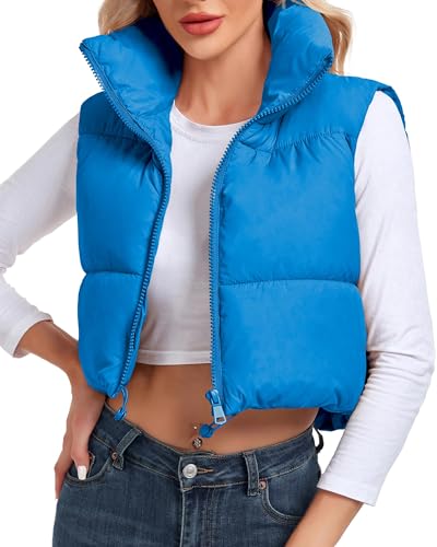 Cityork Puffer Weste Frauen Stehkragen Reißverschluss Cropped Weste Leichte Ärmellose Warme Gepolsterte Weste Mantel, Blau, XS von Cityork
