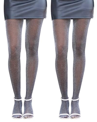 2 Paar Damen Glitzer gemusterte Strumpfhosen, Pailletten Fransen glänzende Strumpfhose mit Kontrolloberteil, silber, Large von Citystl