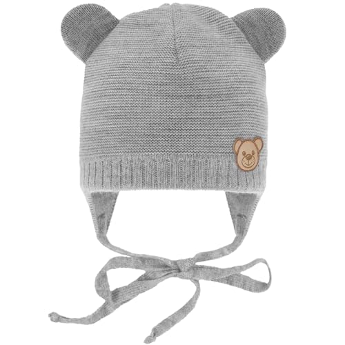 CiuchCiuch Baby-Mütze mit Ohren zum Binden Bär - Wintermütze Mädchen Jungen Baby Kinde- Für Weihnachten - Zur Taufe - 100% Acryl - Futter aus Baumwolle und Elasthan - Grau 36-38 cm von CiuchCiuch