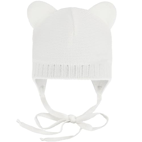 CiuchCiuch Baby-Mütze mit Ohren zum Binden - Wintermütze Mädchen Jungen Baby Kinde- Für Weihnachten - Zur Taufe - 100% Acryl - Futter aus Baumwolle und Elasthan - Weiß 42-44 cm von CiuchCiuch