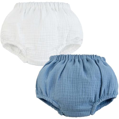 CiuchCiuch Musselin-Bloomers – 2er-Pack Höschen für Windeln – 100% Baumwolle – Leicht – Atmungsaktiv – Mit Gummizug – Für Mädchen und Jungen – Unisex – Natürliches Material - Weiß/Blau 68/74 von CiuchCiuch