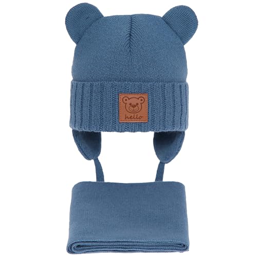 CiuchCiuch Set aus Mütze und Schal für Babys mit Ohren Hello - Wintermütze Mädchen Jungen Baby Kinder - Zu Weihnachten – Zur Taufe - Strickmütze mit Fleecefutter Beanie Blau 46-48 cm von CiuchCiuch