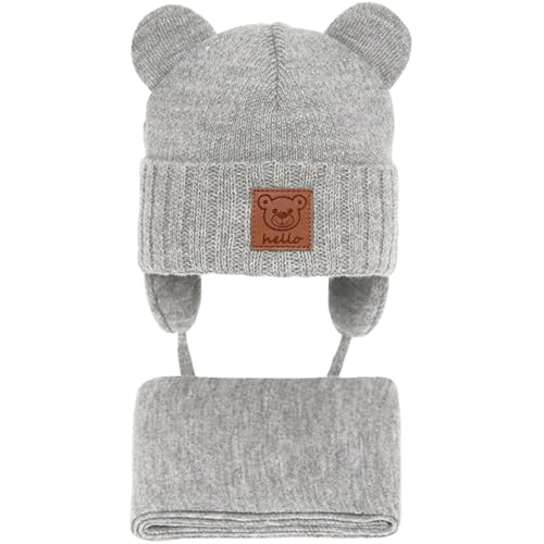 CiuchCiuch Set aus Mütze und Schal für Babys mit Ohren Hello - Wintermütze Mädchen Jungen Baby Kinder - Zu Weihnachten – Zur Taufe - Strickmütze mit Fleecefutter Beanie Grau 36-38 cm von CiuchCiuch