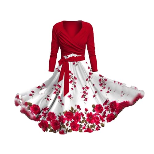 Blumenkleid Damen Hohe Taille Schlanke Partykleid Kleider Mit Langarm Bluse Set Zweiteiler V-Ausschnitt Ballkleide Blumendruck Abendkleider Vintage Freizeitkleid Große Größen A-Linie Strandkleid von CixNy