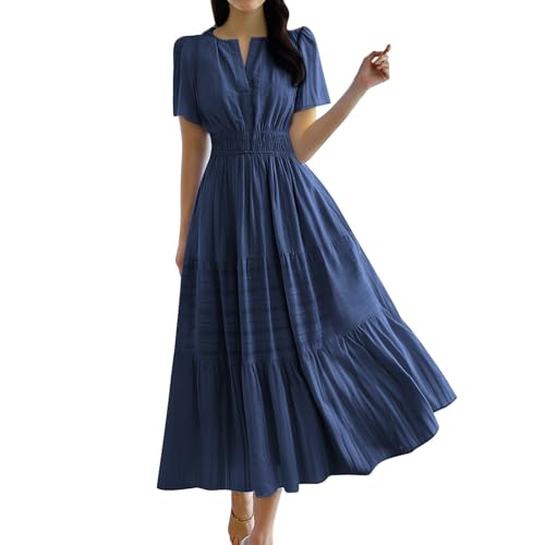 CixNy Sommerkleid Damen Elegant Summer Einfarbig Kurzarm Blusenkleid Casual V-Ausschnitt Tshirt Kleider Elastiche Hohe Taille Maxikleid A Linie Ruffle Kleider Freizeitkleider(A Marineblau,XXL) von CixNy