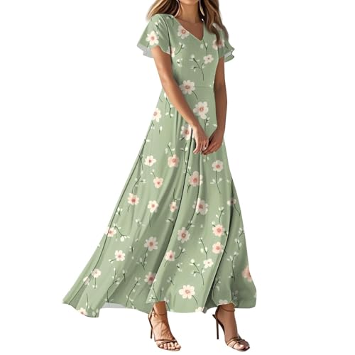 CixNy Strandkleider Damen Vintage Blumen Druck Sommerkleid Lange Schwingen Kleider Summer Kurzarm V-Ausschnitt Tunika Blumenkleid Elegant Fließendes Maxikleid A Linie Freizeitkleider(C Grün,3XL) von CixNy