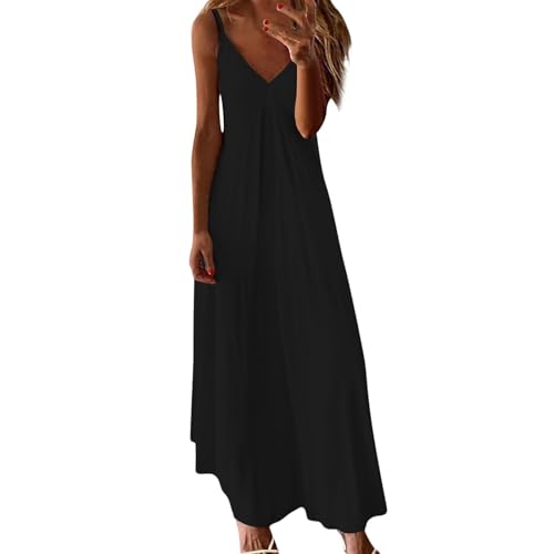 CixNy Tank Kleider Damen V Ausschnitt Spaghettiträger Trägerkleid Elegant Einfarbig Lange Maxikleid Große Größen Ärmellos Blusenkleid Leicht Luftig Sommerkleid Locker Strandkleider(A Schwarz,3XL) von CixNy