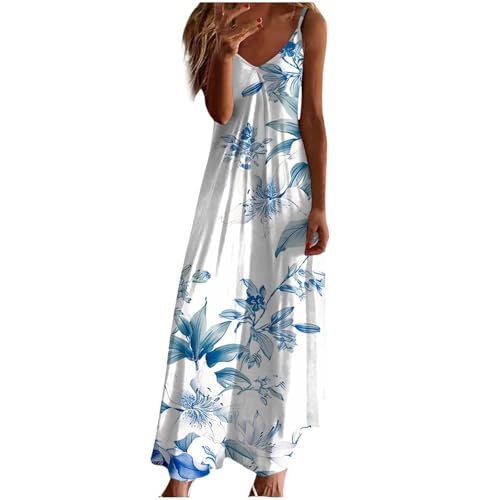 CixNy Tank Kleider Damen V Ausschnitt Spaghettiträger Trägerkleid Elegant Einfarbig Lange Maxikleid Große Größen Ärmellos Blusenkleid Leicht Luftig Sommerkleid Locker Strandkleider(C Hellblau,XL) von CixNy