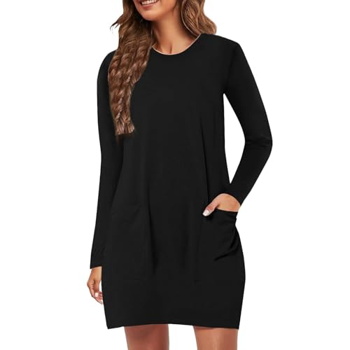 Freizeitkleid Damen Elegant Rundhals Knielang Minikleid Lockere Langarm Urlaubskleid Einfarbig Strandkleid Niedlich Übergangs Tunika Kleid A-Linie Sport Hemdkleid Mit Taschen(Schwarz,XXL) von CixNy