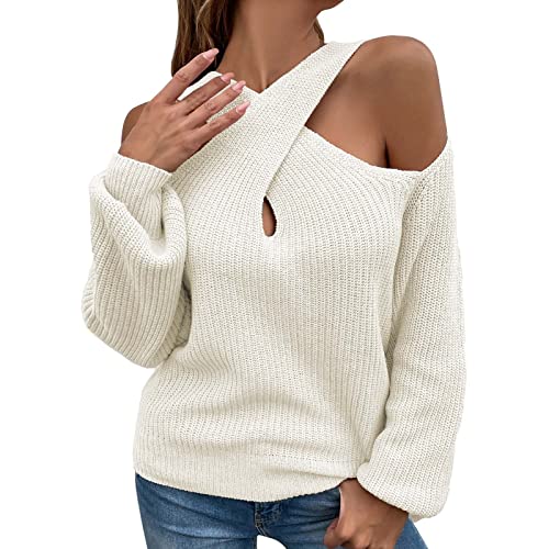 Strickjacke Schwarz Damen Damen Casual Solid Crochet Pullover Cross Strap Neck Pullover Loose Long Sleeve Cold Shoulder Top Villa Strickjacken von CixNy