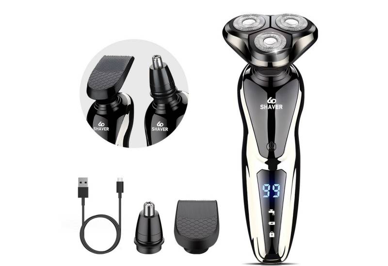 CkeyiN Elektrorasierer 3-in-1 Bartschneider Nasenhaartrimmer Haarschneider Multifunktional, 3D beweglicher Scherkopf, Aufsätze: 3, IPX7 wasserdicht, magnetischer 3D-Floating-Elektrorasierer, OHNE ÖL von CkeyiN