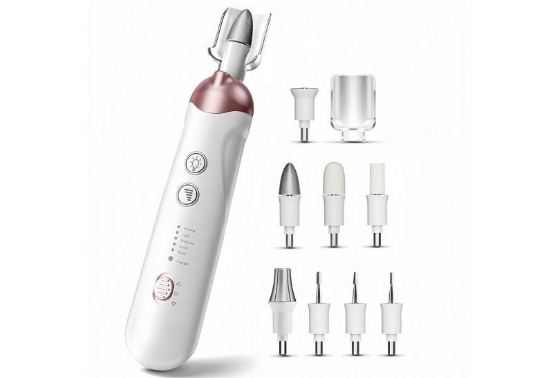 CkeyiN Maniküre-Pediküre-Set Akku-Nagelfeile mit 8 Aufsätze zur Nagelpflege 5 Geschwindigkeiten, 8-tlg., Nagelfräser für Gelnägel mit Schutzkappe und LED Licht von CkeyiN