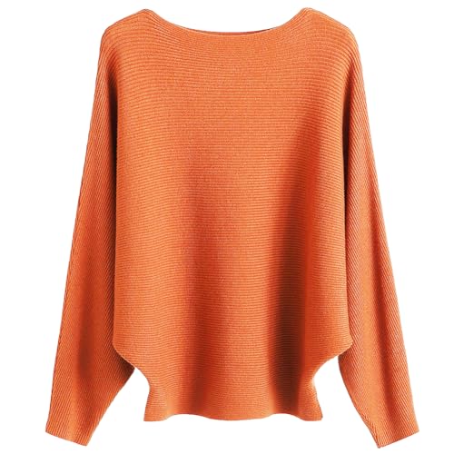 Ckikiou Leichter, übergroßer Damen-Pullover mit U-Boot-Ausschnitt, Dolman, Fledermausärmel, gerippter Strickpullover, A-Kürbis, Einheitsgröße von Ckikiou