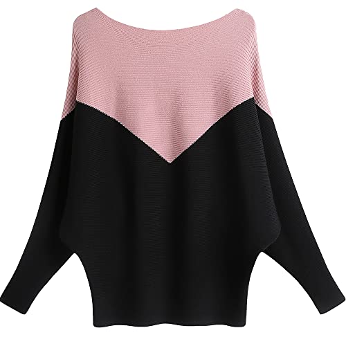 Ckikiou Damen Leichter Übergroßer U-Boot-Ausschnitt Pullover Tops Dolman Fledermausärmel Gerippte Strickpullover, Pink/Schwarz, Einheitsgröße von Ckikiou