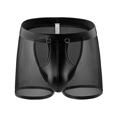 Ckzyrith Männer Sexy Mesh Boxer Kurze Sehen Durch Faux Leder Herren Boxershorts Clubwear Knopf Abnehmbare Tasche Unterwäsche (DE/NL/SE/PL, Alphanumerisch, XL, Regular, Regular, Short-Black Hollow) von Ckzyrith