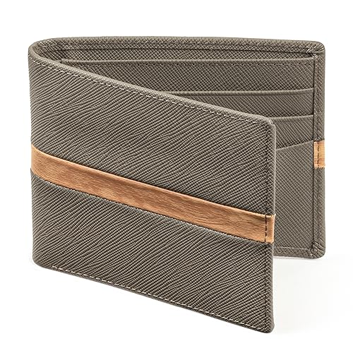 Geldbörse für Herren - Echtes Leder Slim Bifold RFID Geldbörse - Geschenk für Männer verpackt in stilvoller Geschenkbox, Graues Croosatch mit Holzleiste, Small, Modern von Claasico