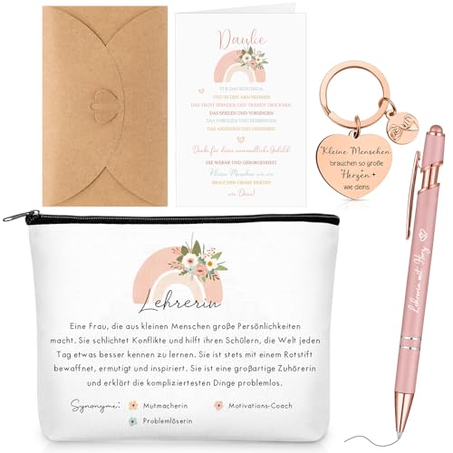 Clabby 5 Stück Dankeschön Geschenk für Lehrerin Regenbogen Kosmetiktasche Lehrerin mit Herz Kugelschreiber Rose Gold Schlüsselanhänger Dankeskarte mit Umschlag Abschiedsgeschenk für Lehrertag von Clabby
