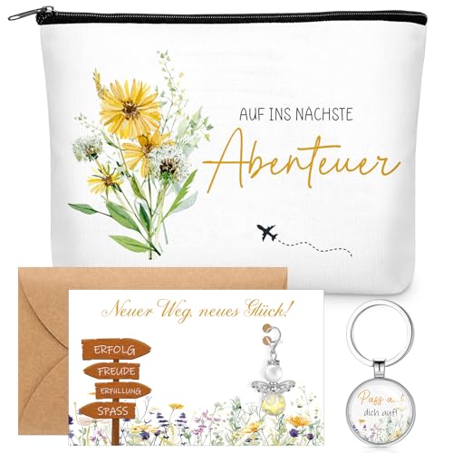 Clabby Geschenkset für Kollegen Inspirierende Kosmetiktasche Schutzengel Schlüsselanhänger Pass auf dich auf Glücksbringer Grußkarte Umschlag Abschiedsgeschenk Jobwechsel Arbeit Rente (Sonnenblume) von Clabby