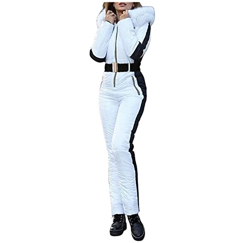 Clacce Frauen solide lässig dick heiß Snowboard Skianzug Outdoor-Sportarten Reißverschluss Baumwolle gefüttert mit Kapuze Overall Skianzug Winter Mantel Damen Große Größen (0926#01-White, S) von Clacce