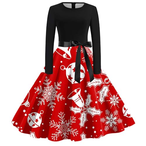 Weihnachtskleid Damen Elegant Langarm Cocktailparty Vintage Maxikleider A Linie Vintage Partykleid Weihnachtlich Bedruckt Cocktailkleid Festliche Kleider Für Frauen von Clacce