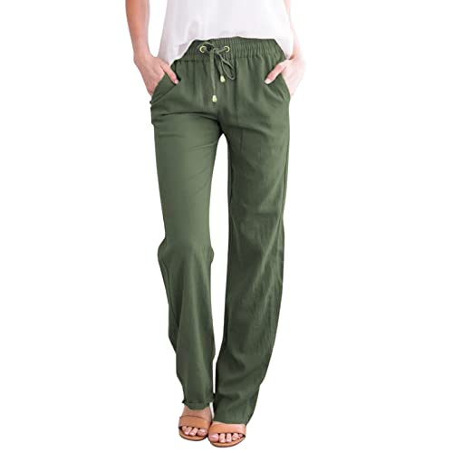 Hose Damen Sommer Casual Baumwolle Leinen Stoffhose Einfarbig Freizeithose Stretch Leicht Leinenhose Straight Leg Hose Taschen (Army Green, S) von Clacce