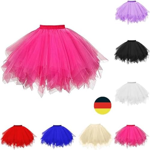 Karneval Tüllrock Damen Kurz Rock Hohe Taille Tutu Rock Tüllrock Petticoat 50er Puffy Tütü Minirock Reifrock Unterrock Tüll Underskirt (0920#02-Hot Pink, One Size) von Clacce