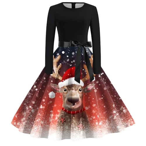 Weihnachtskleid Damen Elegant Langarm Cocktailparty Vintage Maxikleider A Linie Vintage Partykleid Weihnachtlich Bedruckt Cocktailkleid Festliche Kleider Für Frauen von Clacce