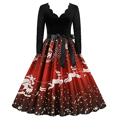 Weihnachtskleid Damen Elegant Langarm Cocktailparty Vintage Maxikleider A Linie Vintage Partykleid Weihnachtlich Bedruckt Cocktailkleid Festliche Kleider Für Frauen von Clacce