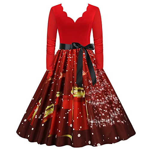 Weihnachtskleid Damen Elegant Langarm Cocktailparty Vintage Maxikleider A Linie Vintage Partykleid Weihnachtlich Bedruckt Cocktailkleid Festliche Kleider Für Frauen von Clacce