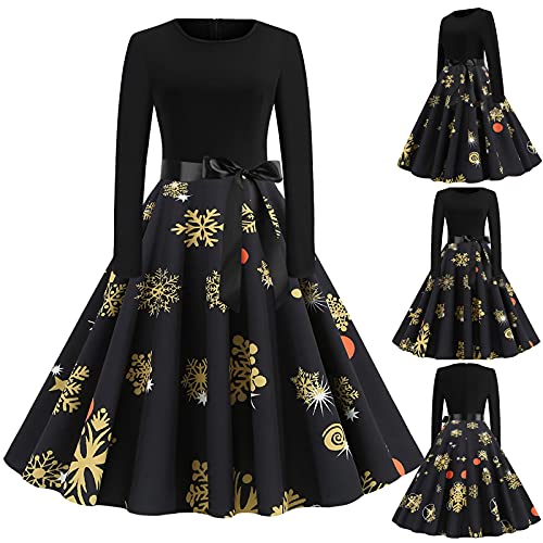 Weihnachtskleid Damen Elegant Langarm Cocktailparty Vintage Maxikleider A Linie Vintage Partykleid Weihnachtlich Bedruckt Cocktailkleid Festliche Kleider Für Frauen von Clacce