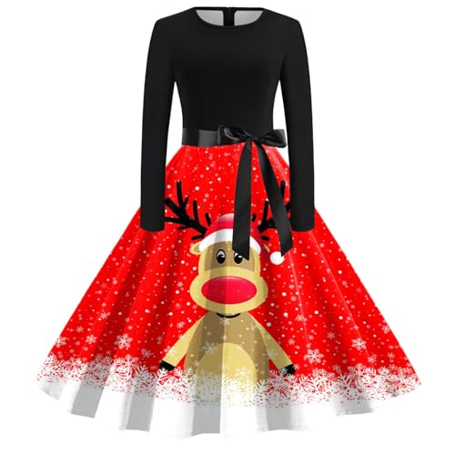 Weihnachtskleid Damen Elegant Langarm Cocktailparty Vintage Maxikleider A Linie Vintage Partykleid Weihnachtlich Bedruckt Cocktailkleid Festliche Kleider Für Frauen von Clacce