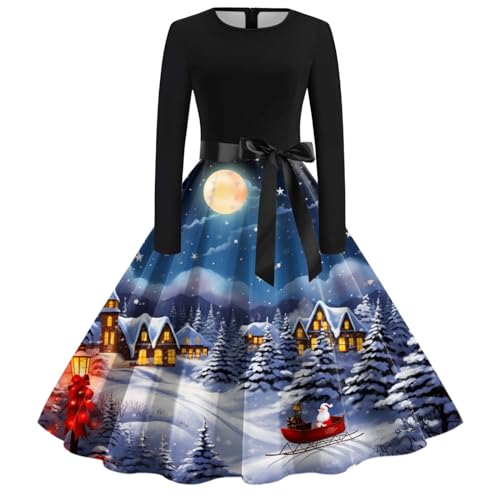 Weihnachtskleid Damen Elegant Langarm Cocktailparty Vintage Maxikleider A Linie Vintage Partykleid Weihnachtlich Bedruckt Cocktailkleid Festliche Kleider Für Frauen von Clacce