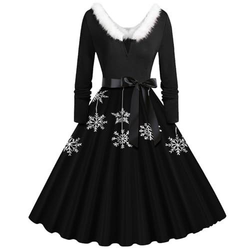 Weihnachtskleid Damen Elegant Langarm Cocktailparty Vintage Maxikleider A Linie Vintage Partykleid Weihnachtlich Bedruckt Cocktailkleid Festliche Kleider Für Frauen von Clacce