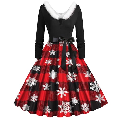 Weihnachtskleid Damen Elegant Langarm Cocktailparty Vintage Maxikleider A Linie Vintage Partykleid Weihnachtlich Bedruckt Cocktailkleid Festliche Kleider Für Frauen von Clacce