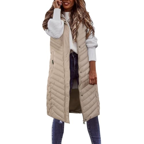 Weste Damen Lang, Daunenweste mit Kapuze Winter Warm Longweste Ärmellose Lange Steppweste Leicht Winterjacke Winterweste Daunenmantel Daunenjacke Outdoor Jacke Winterweste Mäntel (1008#012-Khaki, XXL) von Clacce