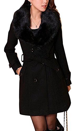 ClairSue Damen Wintermantel Wollmantel Mit Faux Pelz Kragen Parka Herbstjacke Elegant Zweireihiger Trenchcoat Lang Mantel Übergangsjacke Dufflecoat Outwear Mit Gürtel (DE 42, Schwarz) von ClairSue