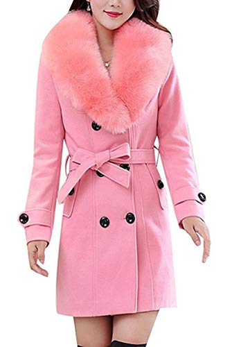 Damen Wintermantel Wollmantel Mit Faux Pelz Kragen Parka Herbstjacke Elegant Zweireihiger Trenchcoat Lang Mantel Übergangsjacke Dufflecoat Outwear Mit Gürtel (DE 32, Rosa) von ClairSue